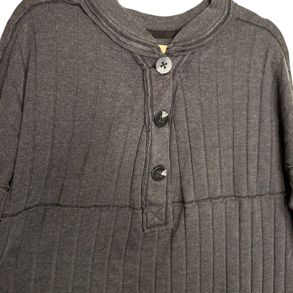 We The Free Charcoal Gray Ribbed Button-Up Long Sleeve Top, L - Picture 5 of 9
